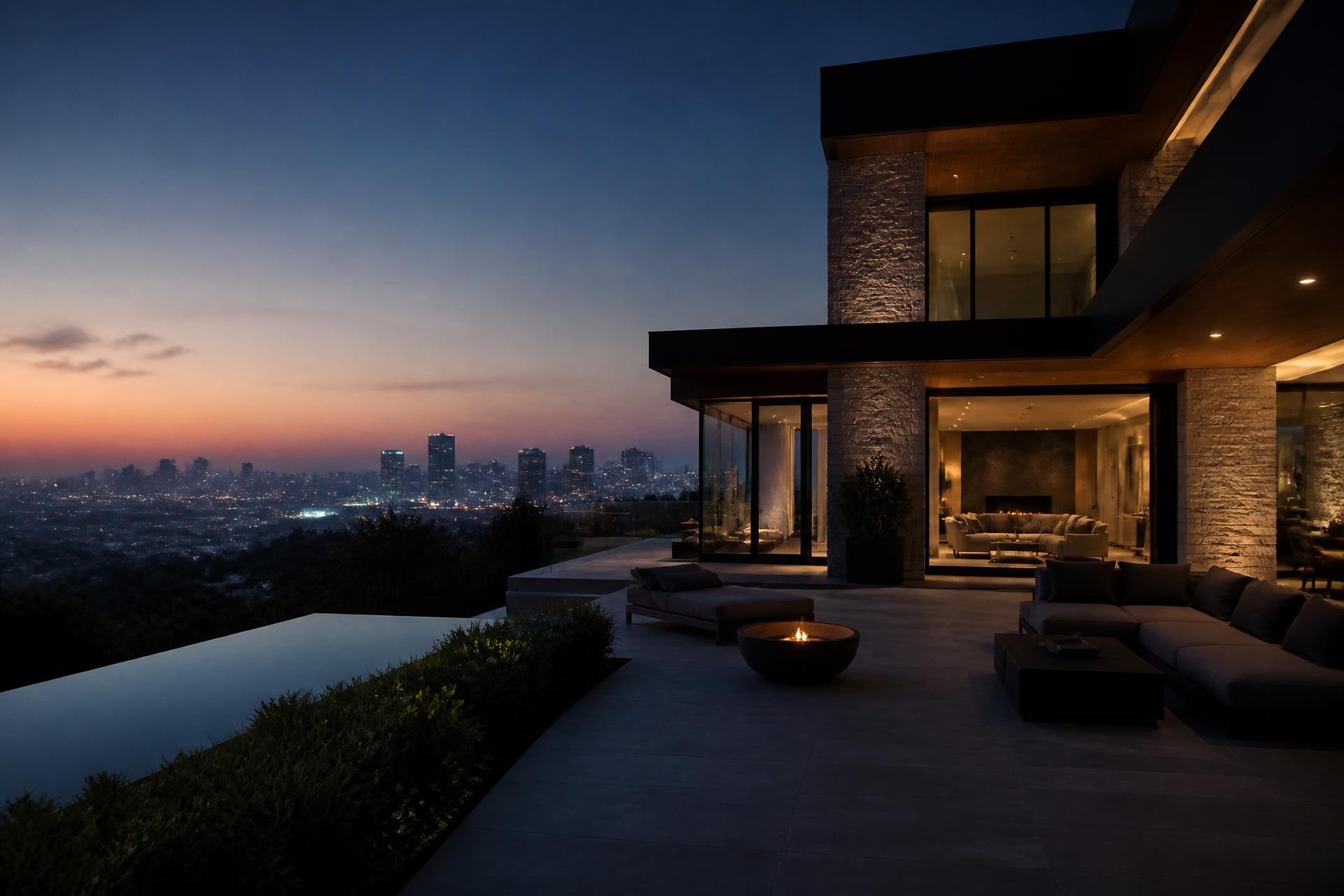Contemporary luxury residence at dusk overlooking a city skyline