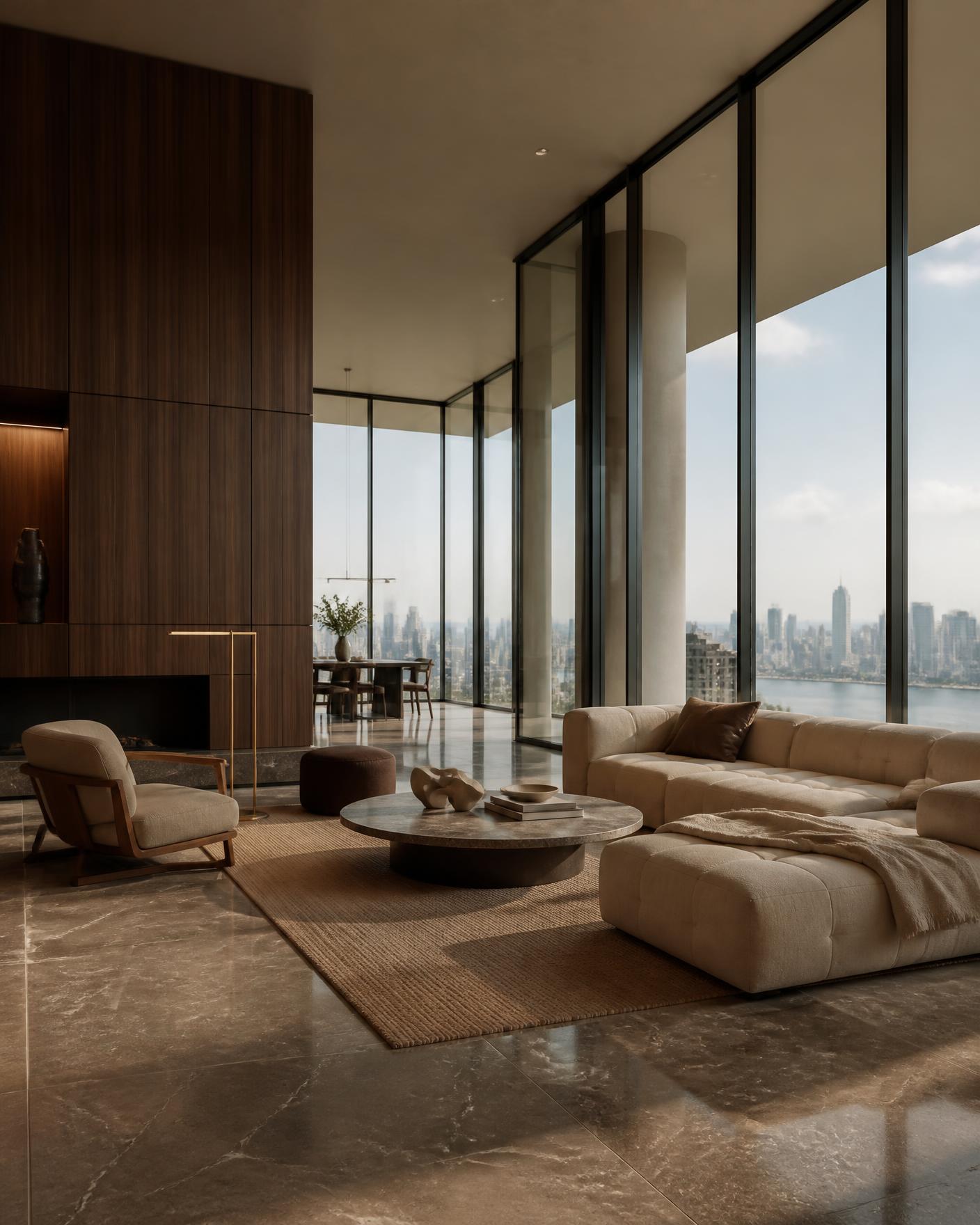 Ultra-luxury living room with marble floors, walnut panelling and city views