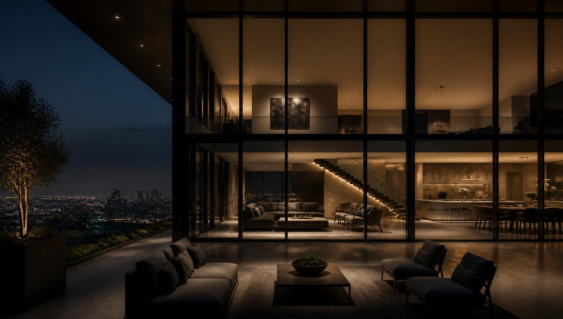 Contemporary duplex residence lit at night with a private terrace