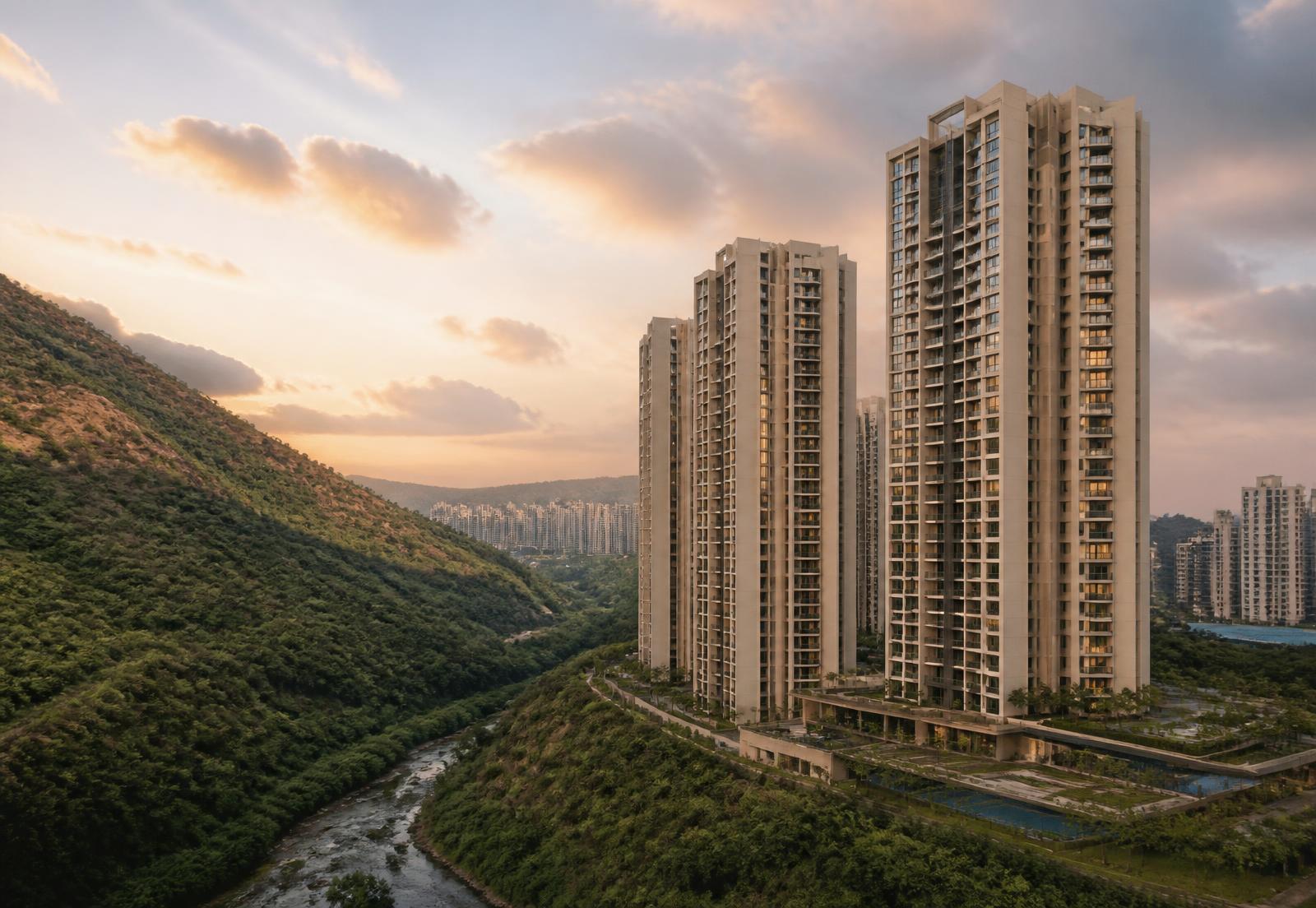 Premium high-rise residential towers in Thane at golden hour